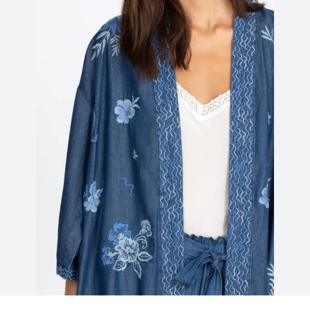 JOHNNY WAS Marbella Embroidered Cropped Kimono Denim Blue Lyocell small